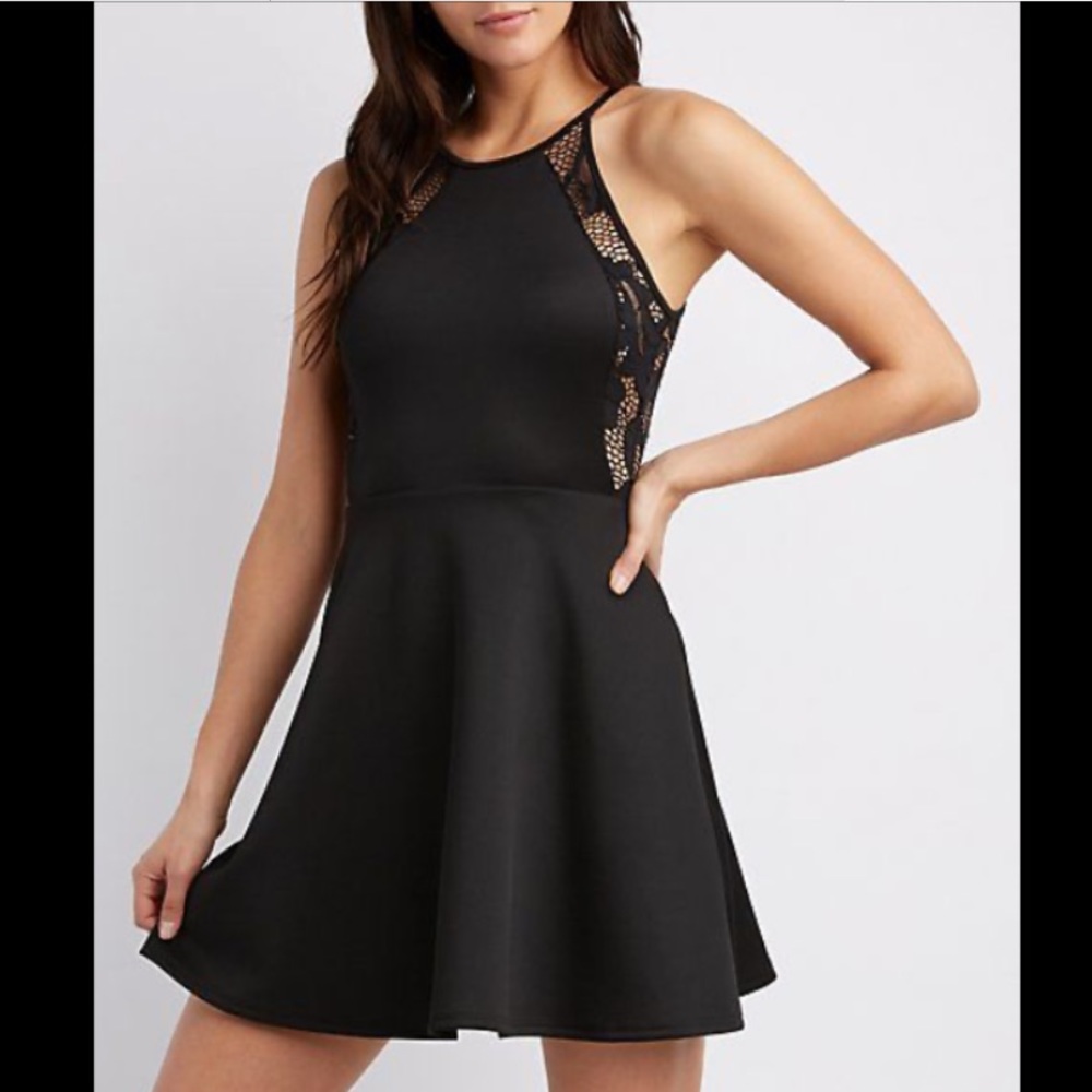Charlotte Russe Black Lace Bib Neck Skater Dress